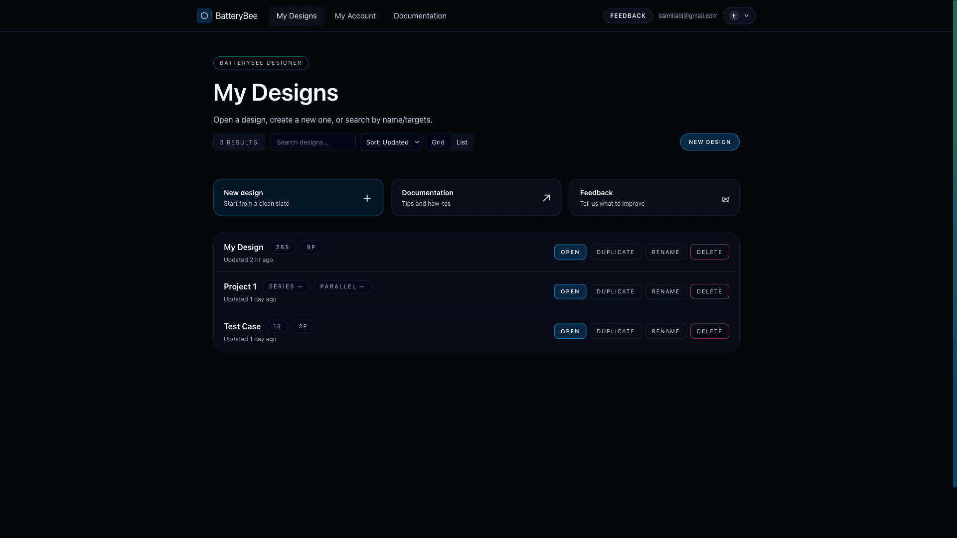 Projects library showing My Designs list