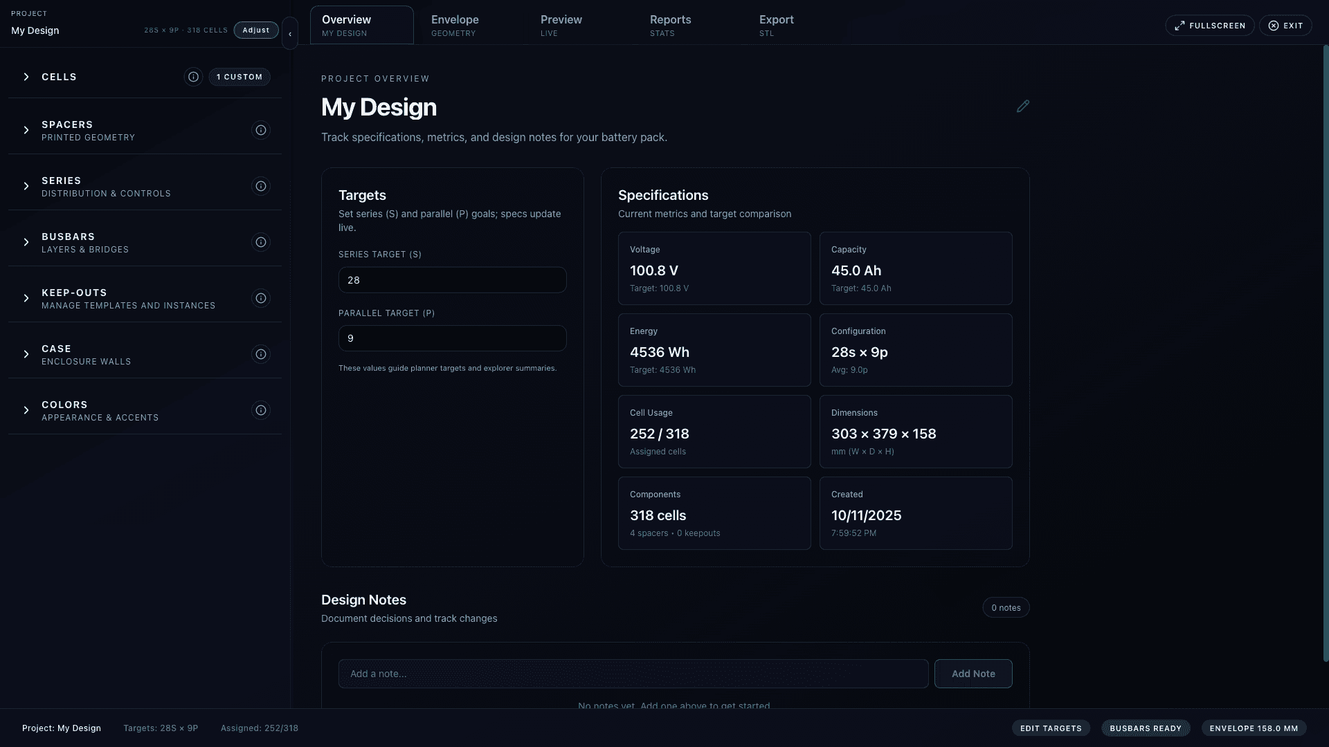 Targets and Specifications panel showing voltage, capacity, and configuration