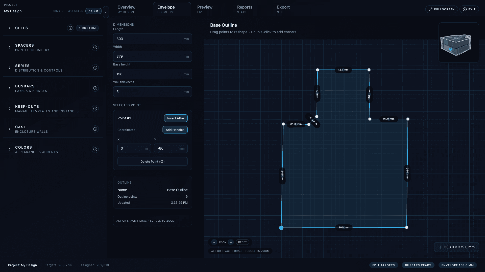 Envelope editor showing outline editing canvas with point selection