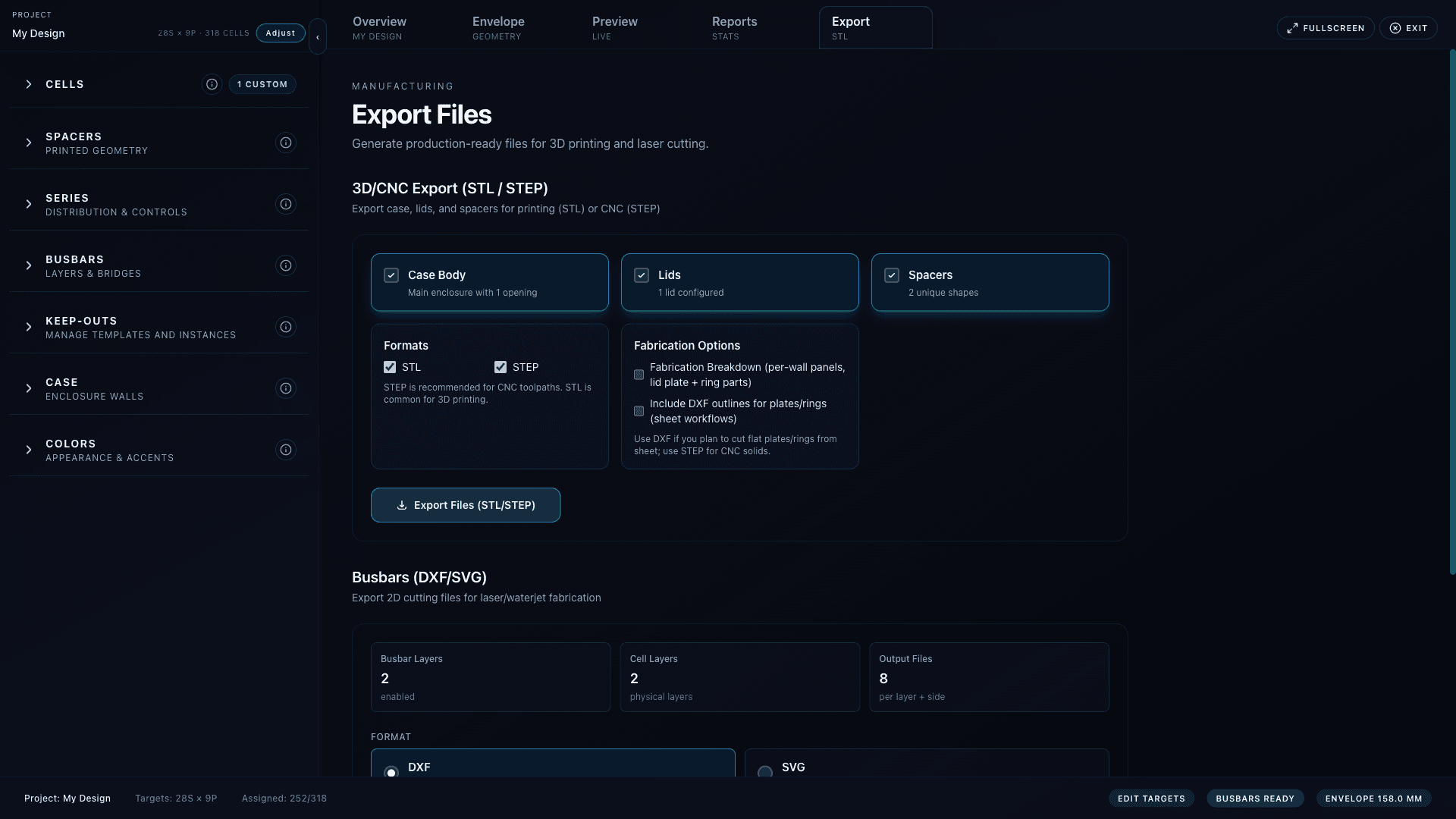 Export panel showing STL/STEP and DXF/SVG export options