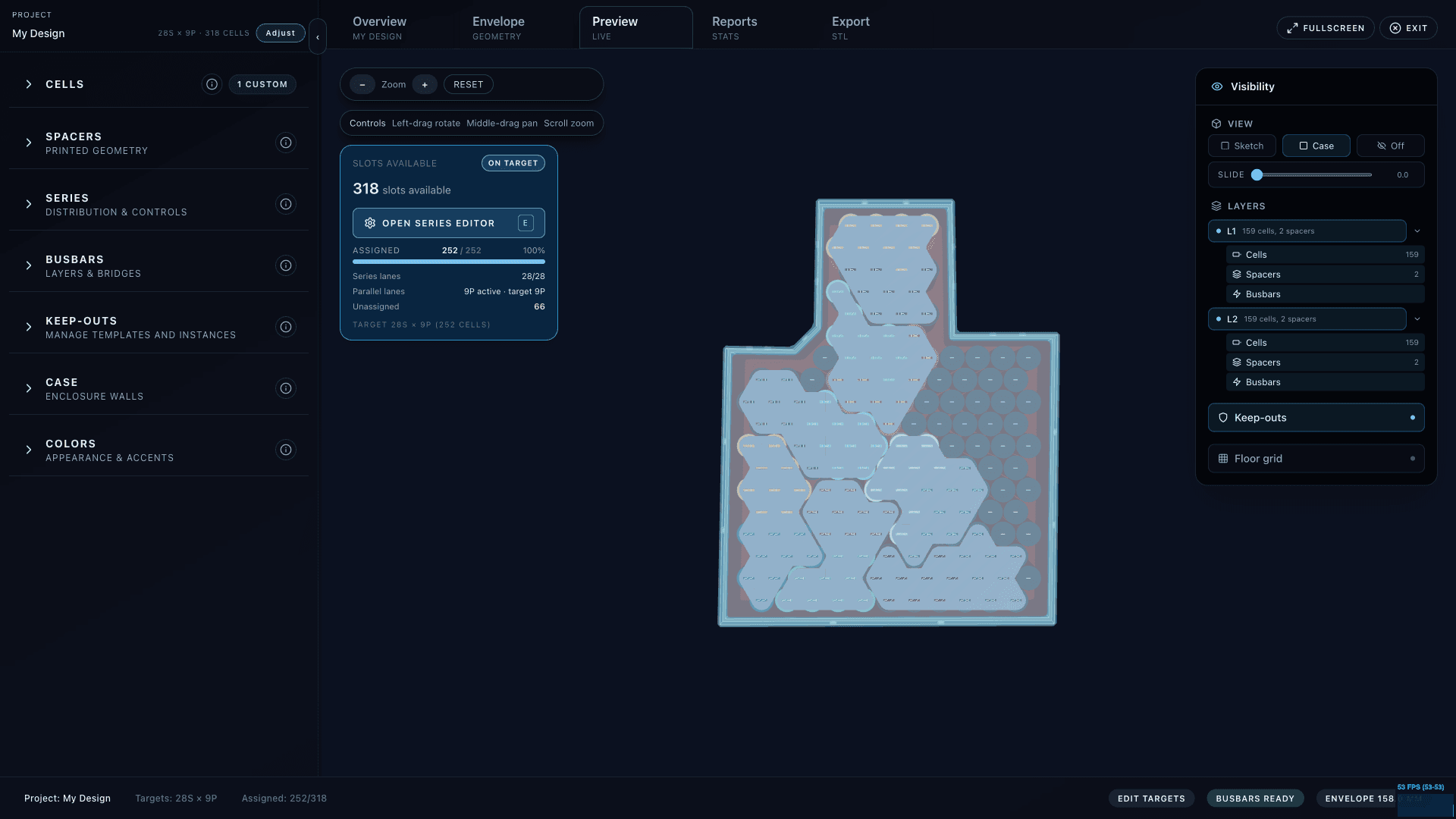 BatteryBee 3D preview showing battery pack layout with cells, spacers, and busbars